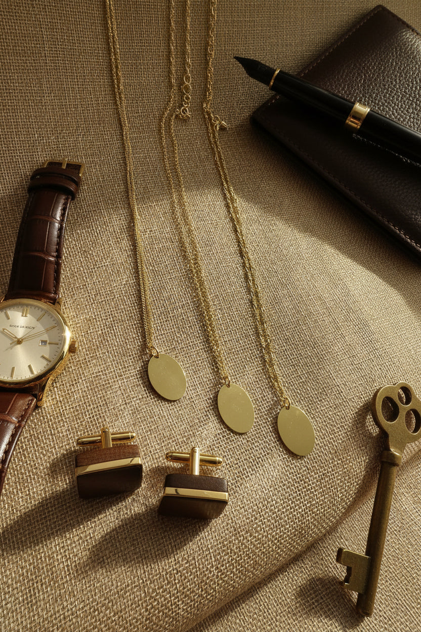 Engraved Necklace Men's Own Handwriting Oval Pendant 925 Silver 18K Gold Plated 18x24 mm