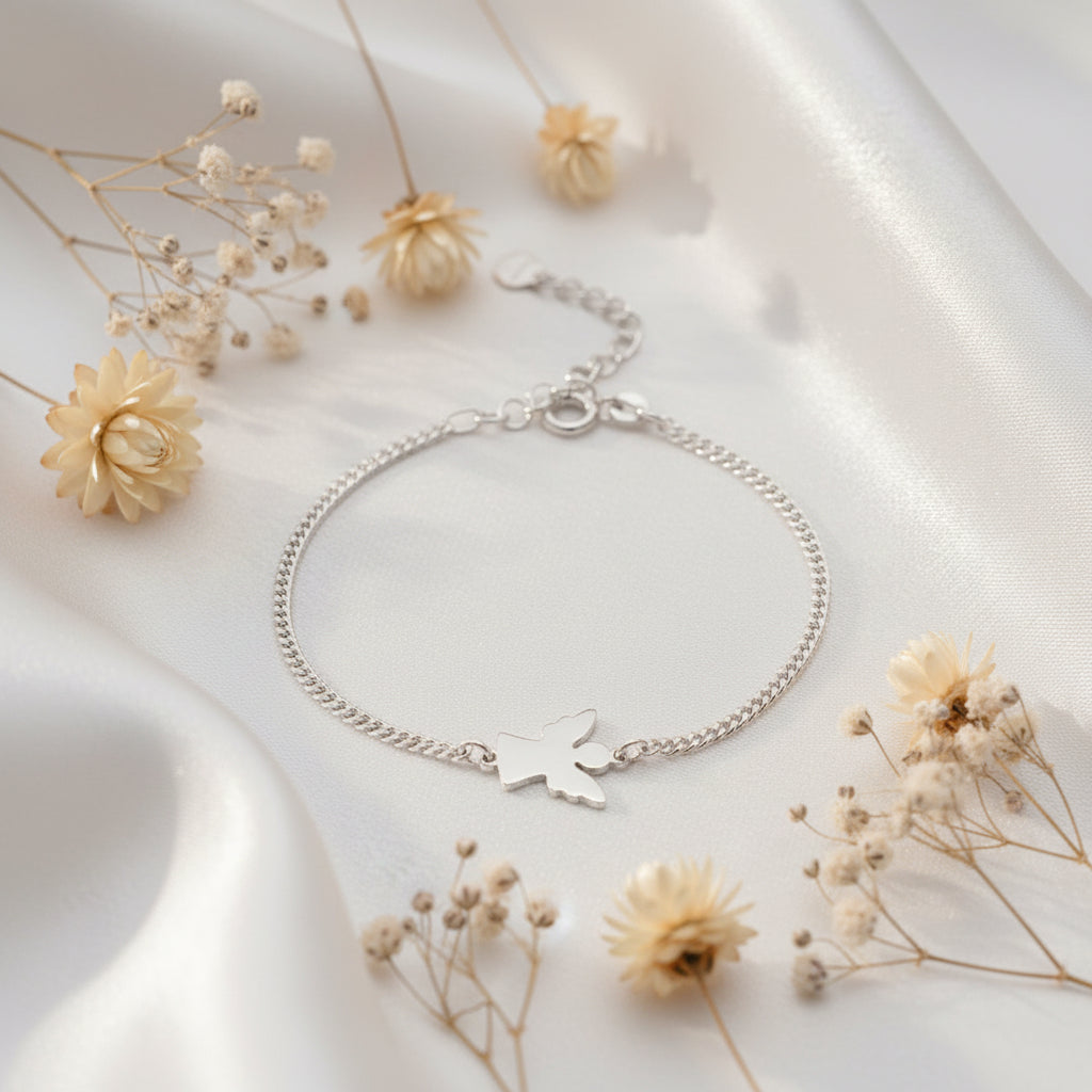 Personalized Bracelet Angel 14 mm Pendant Engraving 925 Silver Rhodium Plated