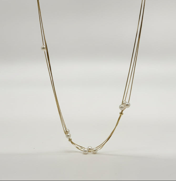 Multi-row pearl necklace made of 925 sterling silver, 18K gold plated