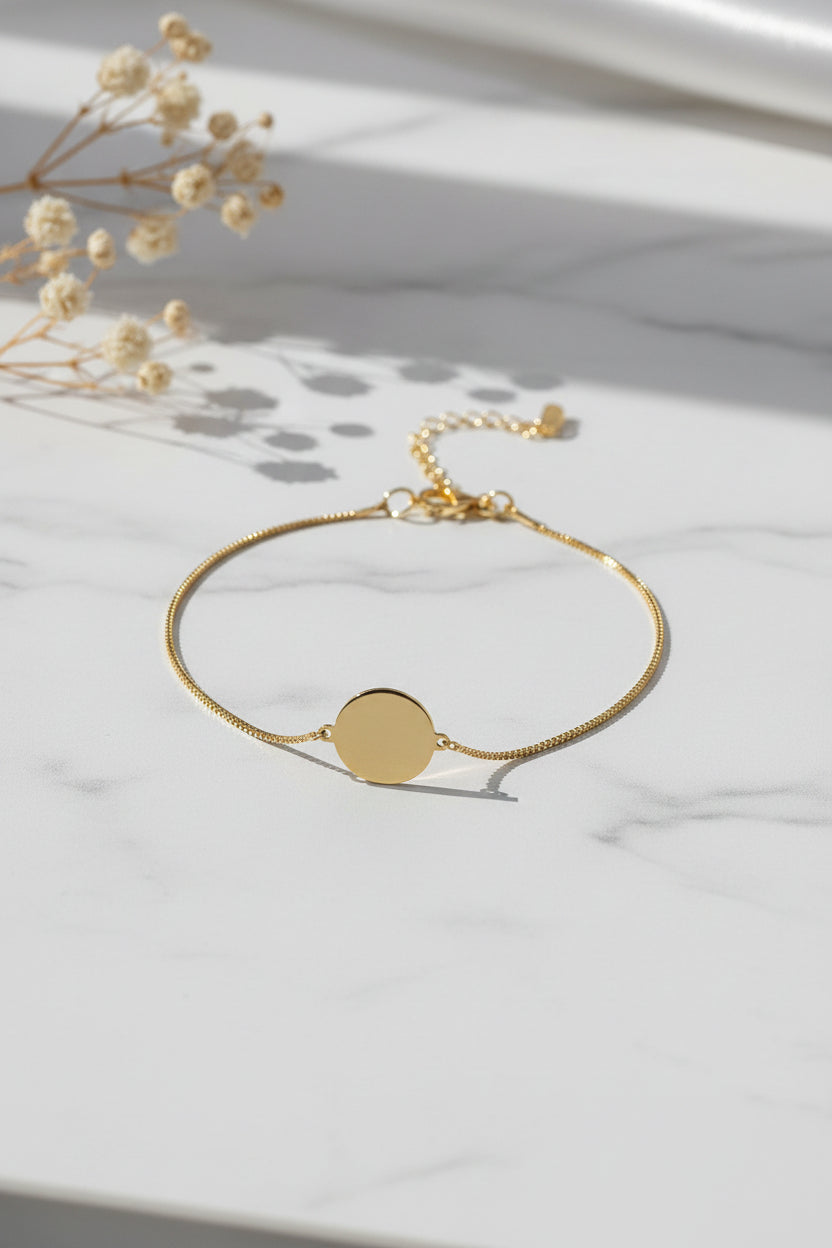 Personalized Round Paw Print Nose Print Engraved Bracelet 925 Sterling Silver with 18K Vermeil Gold Plating 12 mm Disc