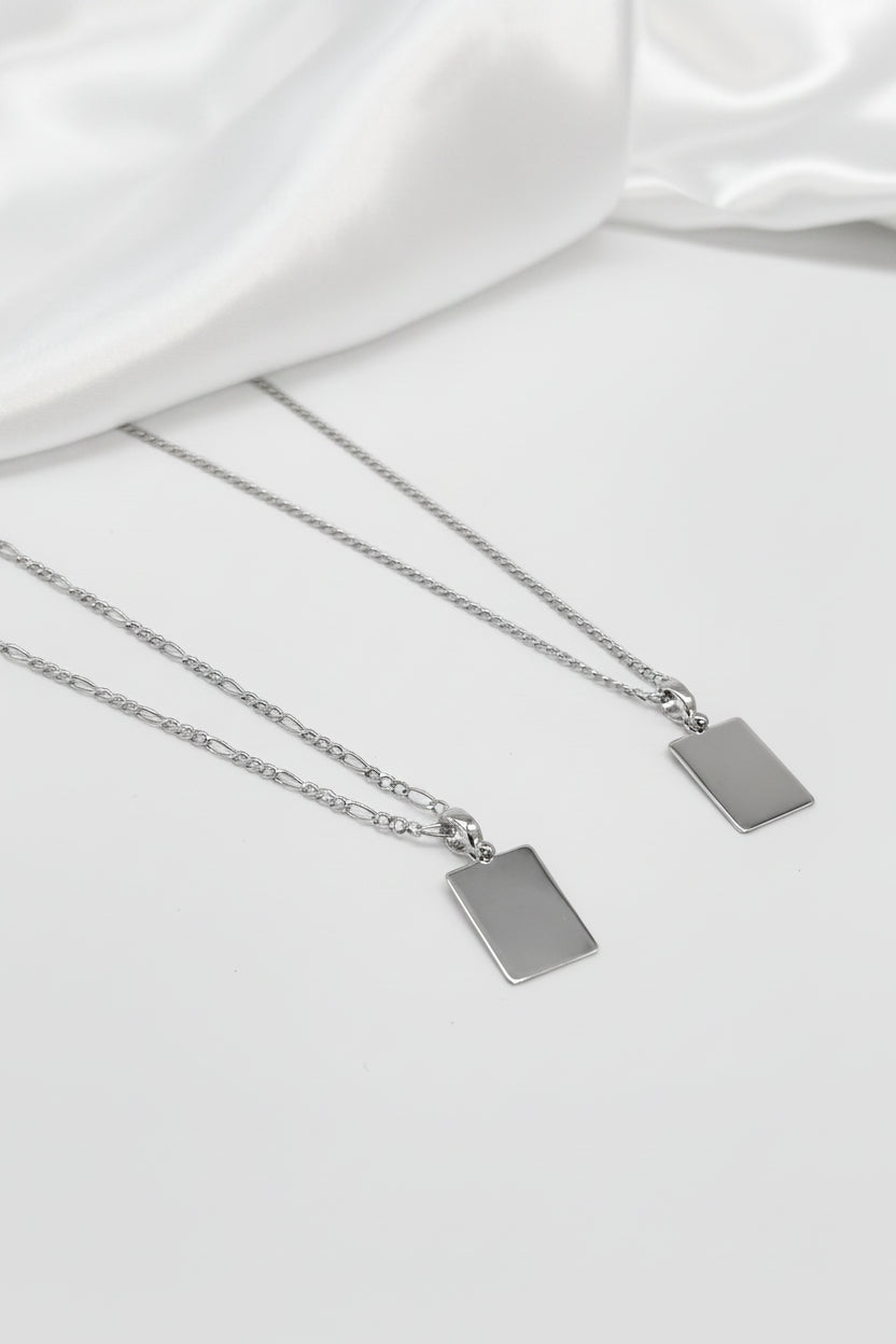 Birth Data Engraving Necklace Men's Rectangle Pendant 19x14 mm Rhodium Plated