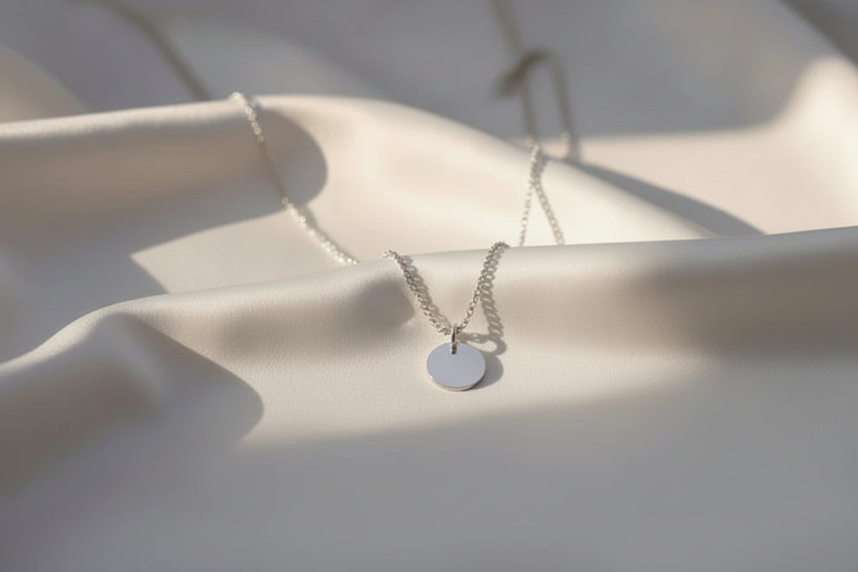 Personalized Necklace Round Pendant with Photo Engraving 925 Silver Rhodium Plated 12 mm