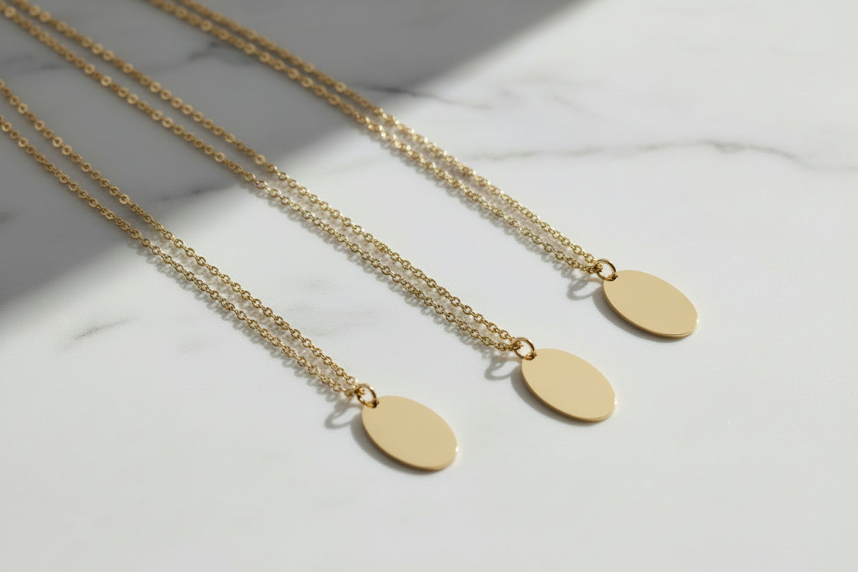 Personalized Necklace Engraving Name Initials Date Oval Pendant 925 Silver 18K Gold Plated 18x24 mm