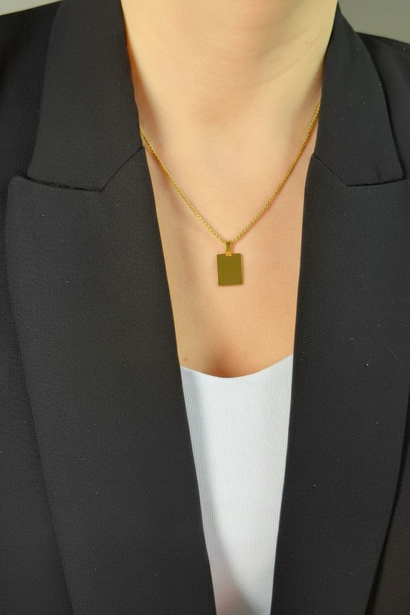 Personalized Necklace Rectangle Pendant Birth Flower Engraving 925 Silver 18K Gold Plated 16x12 mm