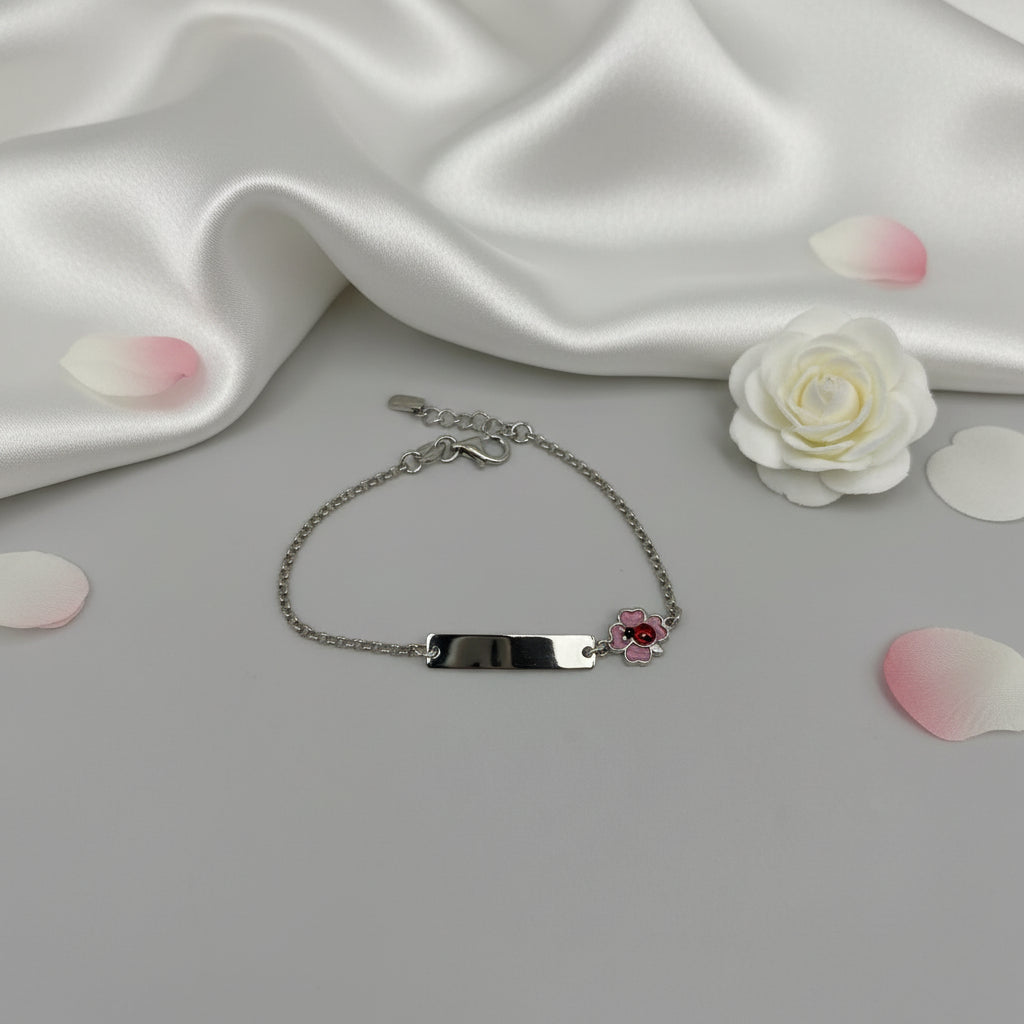Personalized Children's Bracelet Flower 925 Sterling Silver Rhodium Plated Engraving with Initials Name or Date