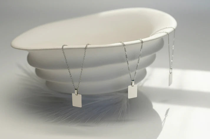 Personalized Necklace Rectangle Pendant Coordinates Engraving 925 Silver Rhodium Plated 16x12 mm