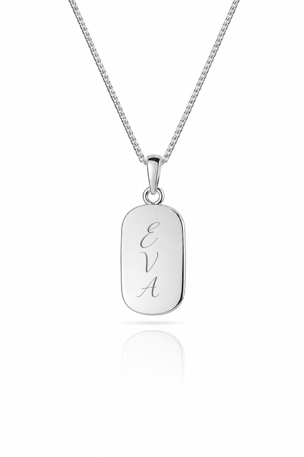 Engraved Necklace Rectangle Pendant 8x13 mm Name Date Initials 925 Silver Rhodium Plated