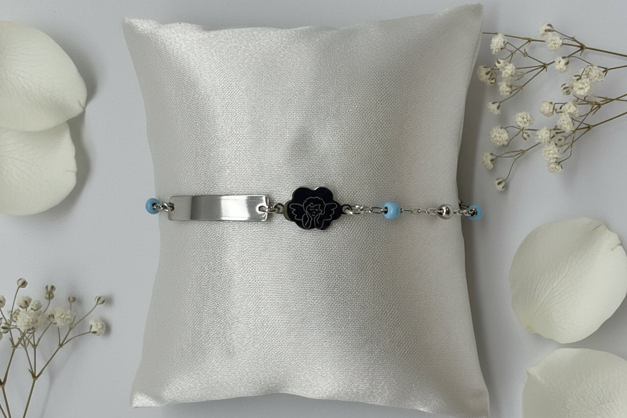 Children's Engraved Bracelet with Angel, 925 Sterling Silver, Rhodium Plated, Personalized