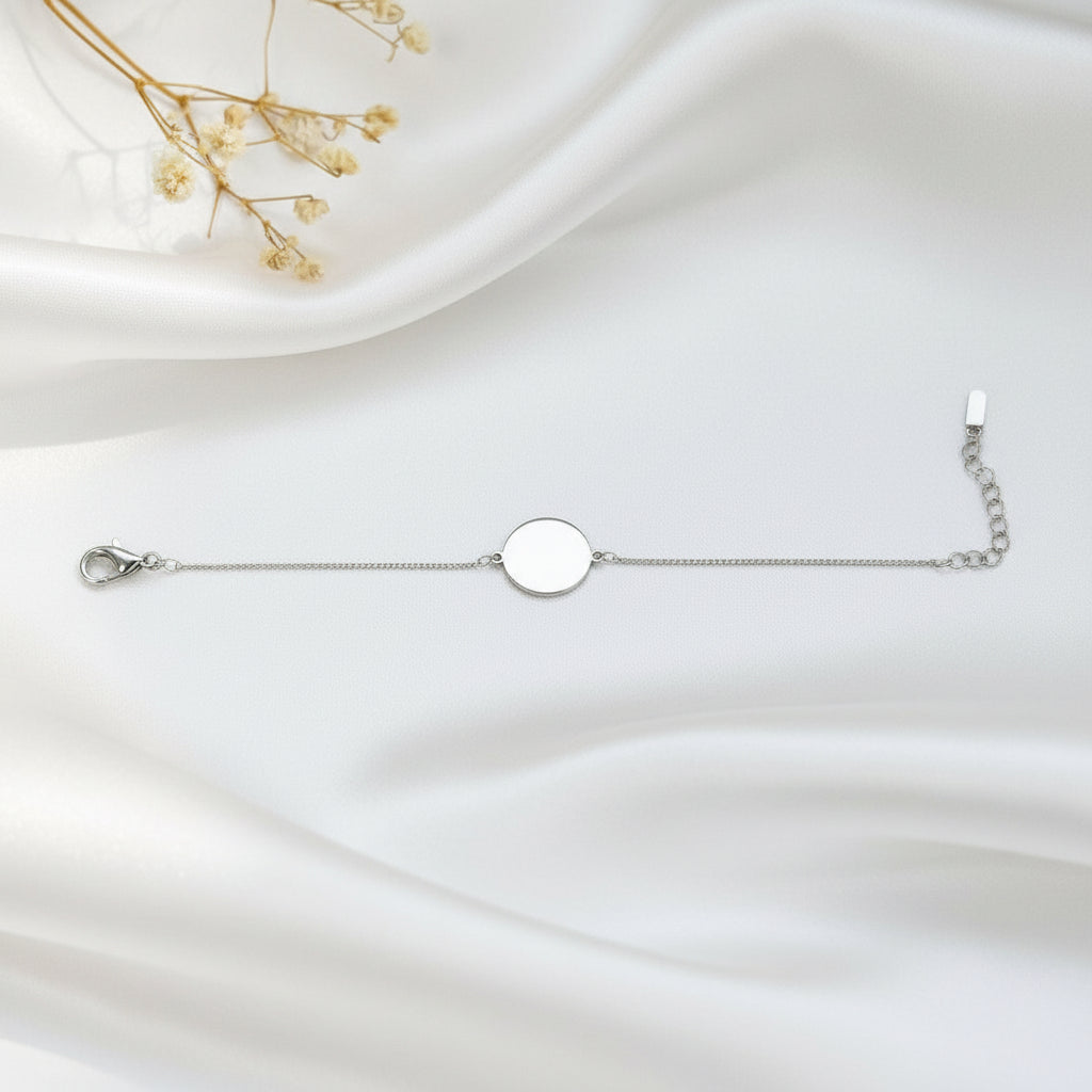 Personalized Bracelet Round Fingerprint Engraving 925 Sterling Silver Rhodium Plated 12 mm Disc