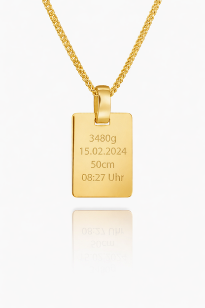 Personalized Engraved Necklace with Birth Dates 18K Gold Plated – Rectangle Pendant (16x12 mm)