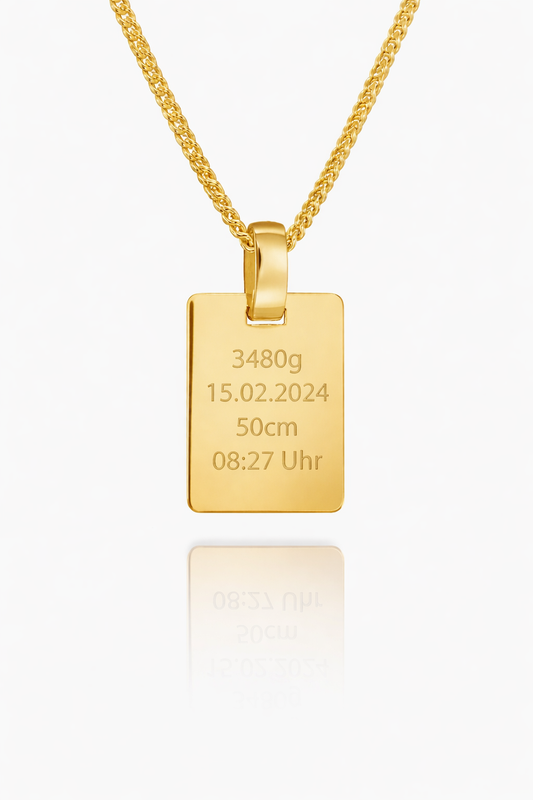 Personalisierte Gravurhalskette mit Geburtsdaten 18K vergoldet – Rechteck Anhänger (16x12 mm)