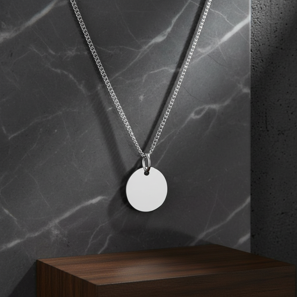 Personalized Men's Necklace Pendant Engraving Initials Name Date Round 22 mm 925 Silver Rhodium Plated