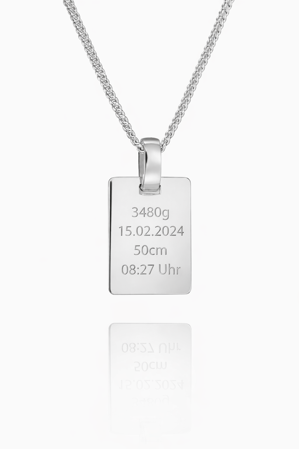 Personalized Engraved Birth Date Necklace 925 Sterling Silver Rhodium Plated – Rectangle Pendant (16x12 mm)