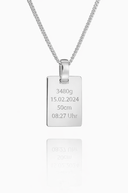Personalized Engraved Birth Date Necklace 925 Sterling Silver Rhodium Plated – Rectangle Pendant (16x12 mm)