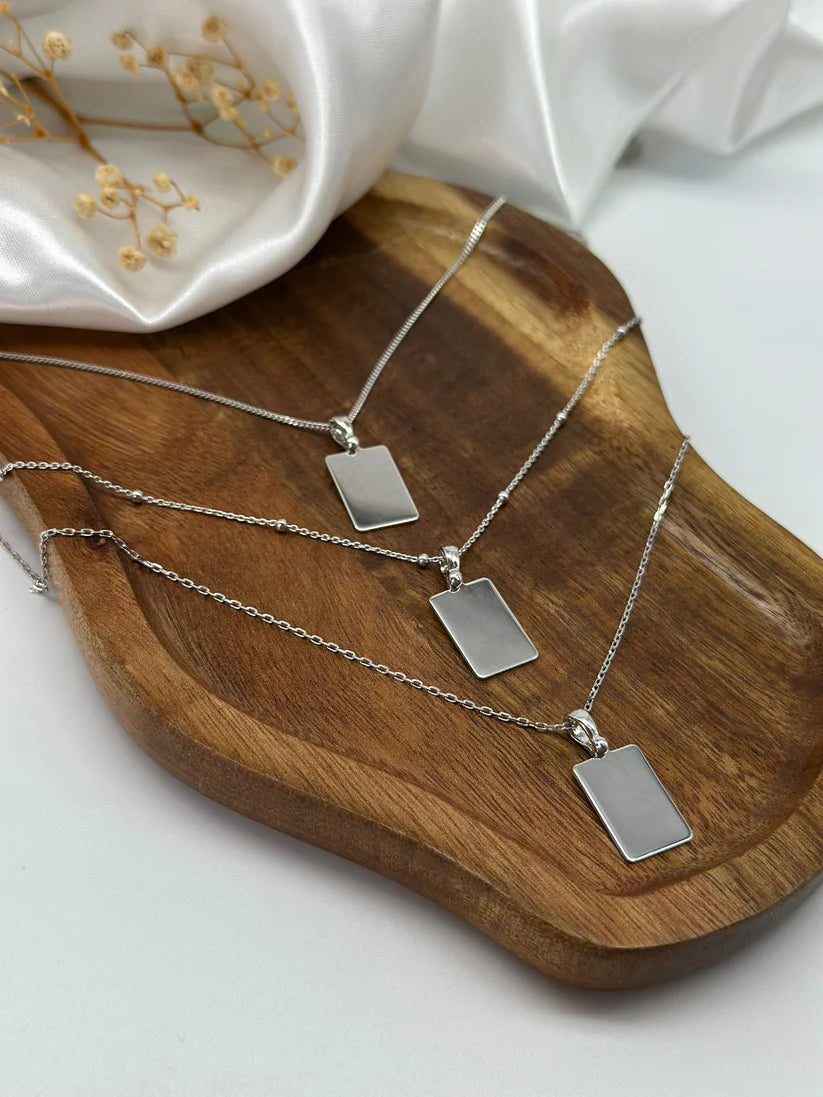 Engraved Necklace Rectangle Pendant 15.90x10.80 mm Coordinates Rhodium Plated