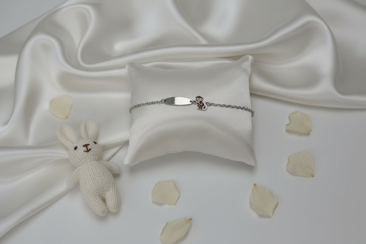Children's Engraved Bracelet Monkey 925 Sterling Silver Rhodium Plated Personalized with Initials Name Date