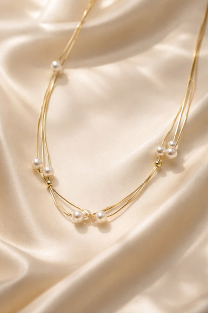 Multi-row pearl necklace made of 925 sterling silver, 18K gold plated