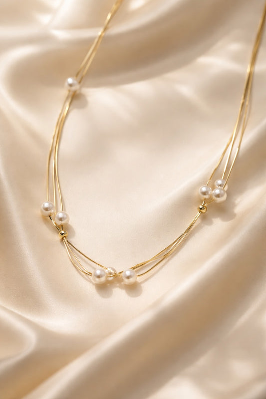 Multi-row pearl necklace made of 925 sterling silver, 18K gold plated