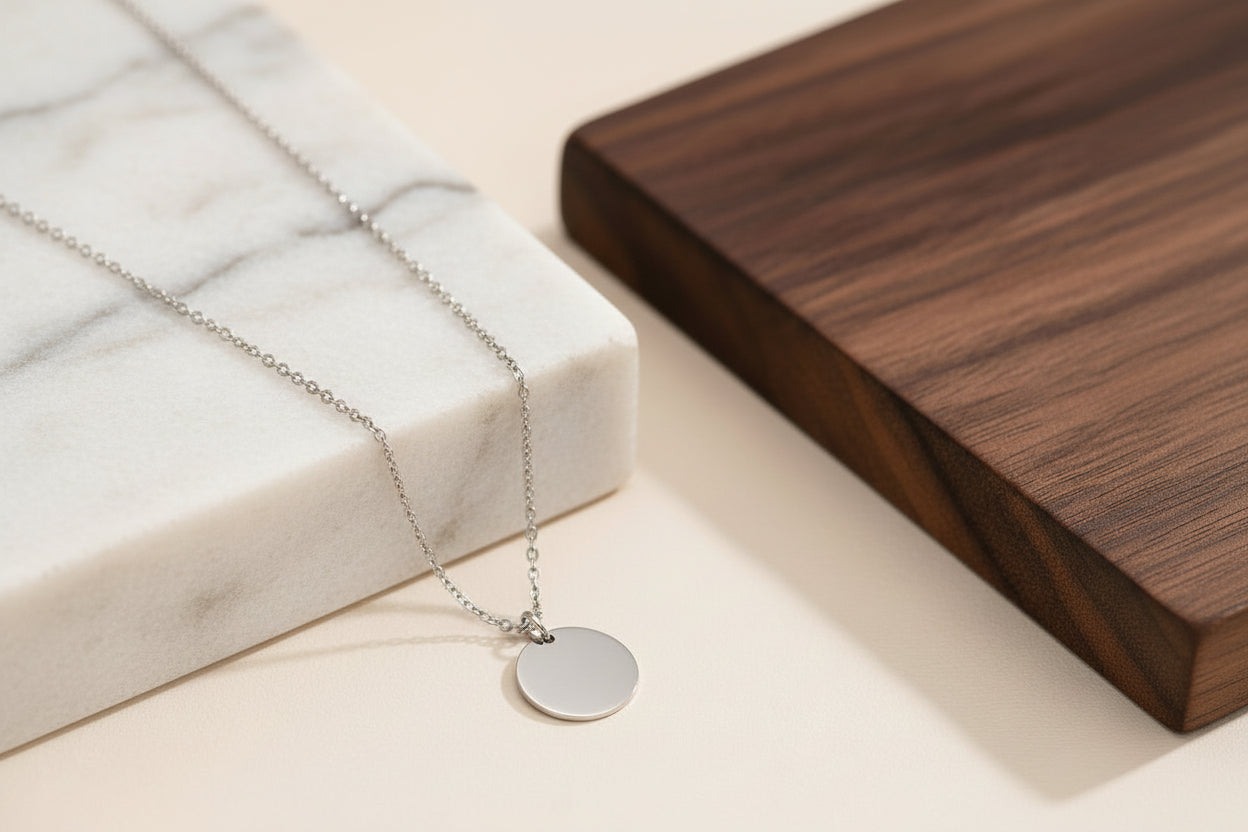 Personalized Necklace Pendant Engraving Round 19 mm Own Handwriting 925 Silver Rhodium Plated