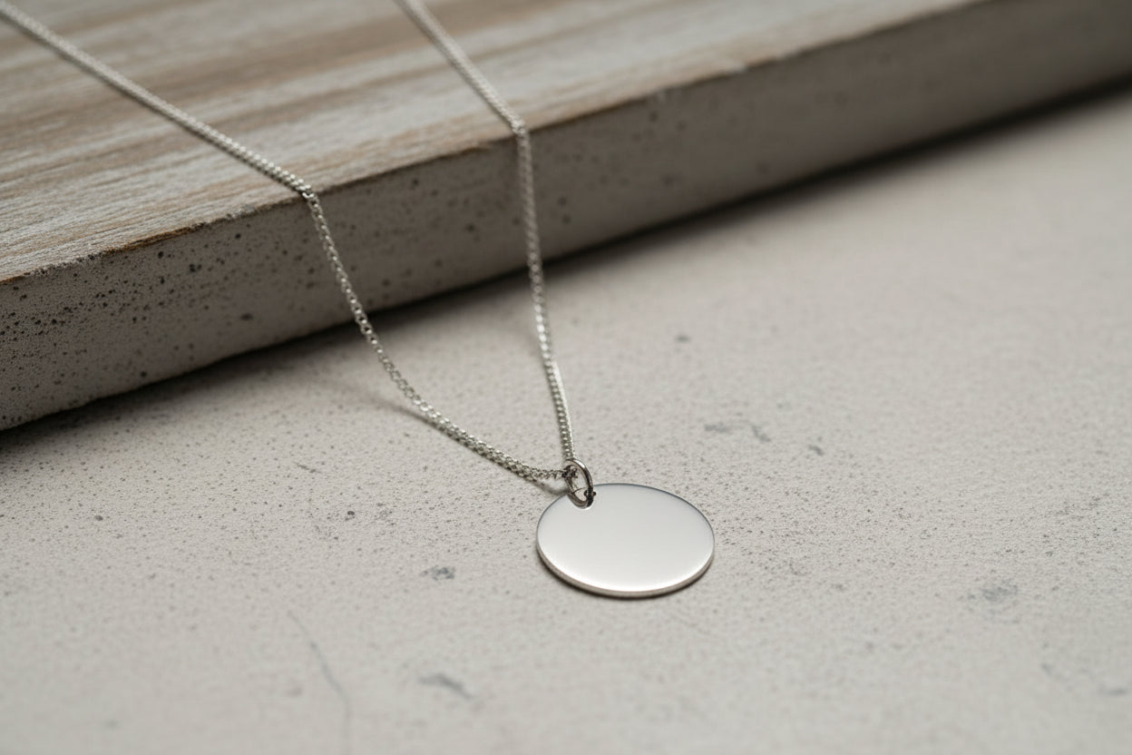 Personalized Men's Necklace Pendant Engraving Fingerprint Round 22mm 925 Sterling Silver Rhodium Plated