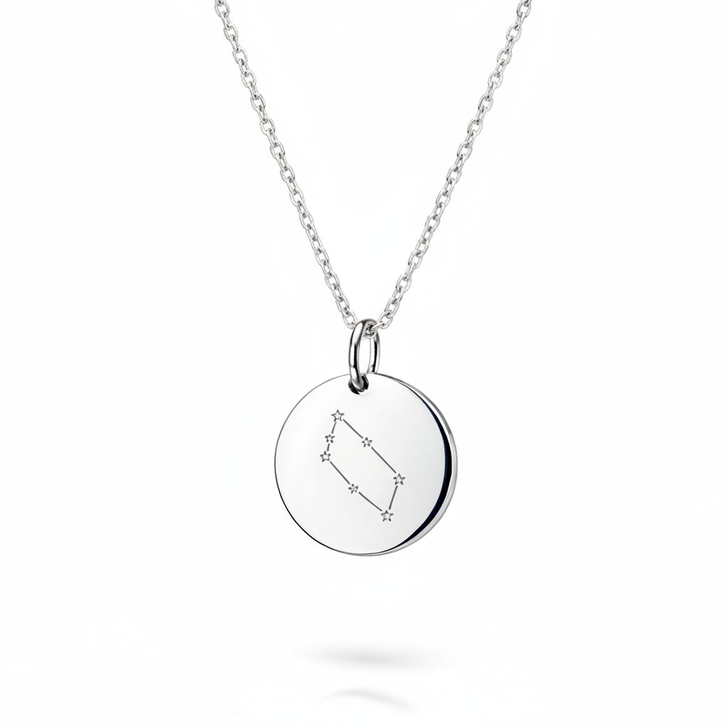 Personalized Necklace Pendant Engraving Round 19 mm Zodiac Sign 925 Silver Rhodium Plated