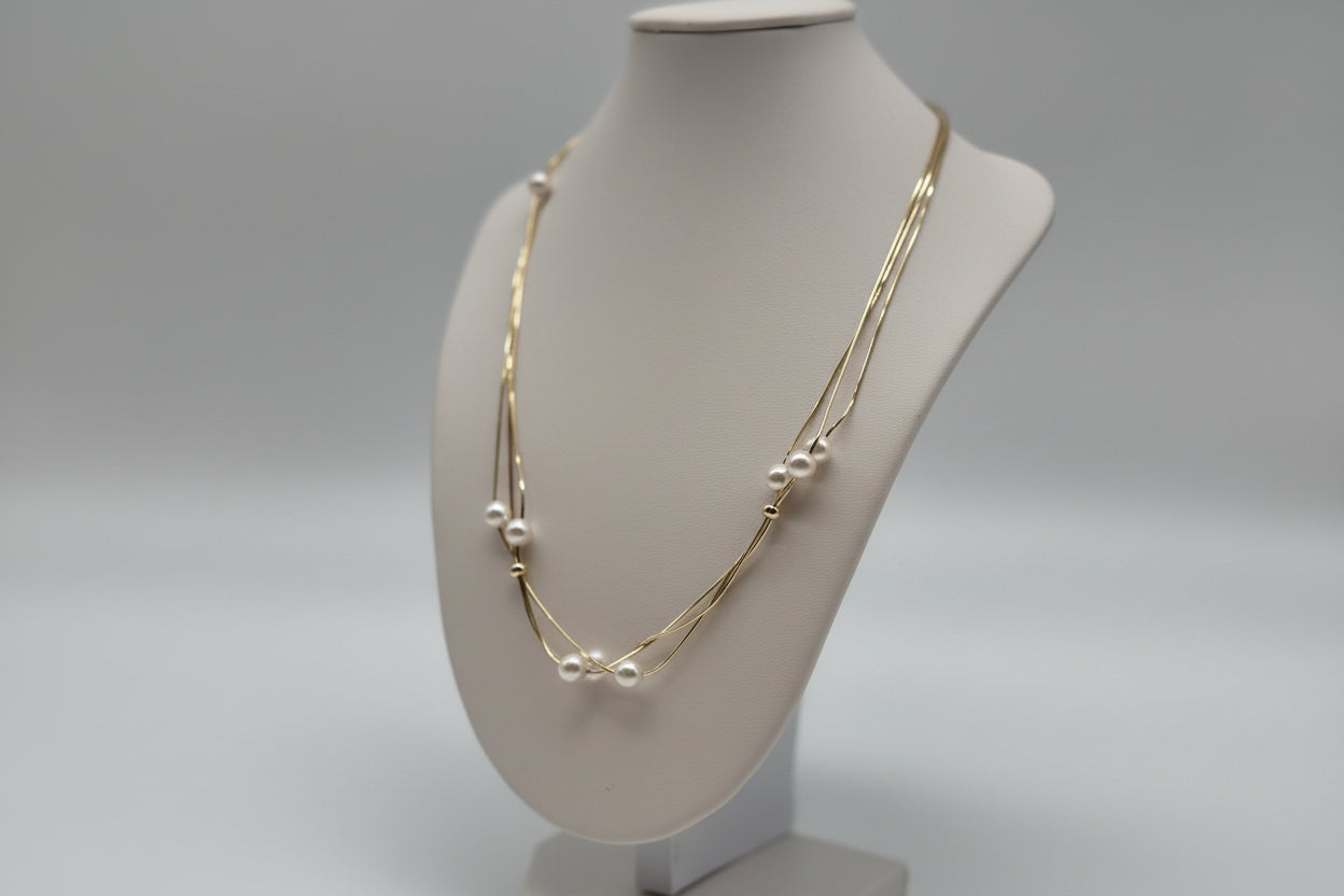 Multi-row pearl necklace made of 925 sterling silver, 18K gold plated