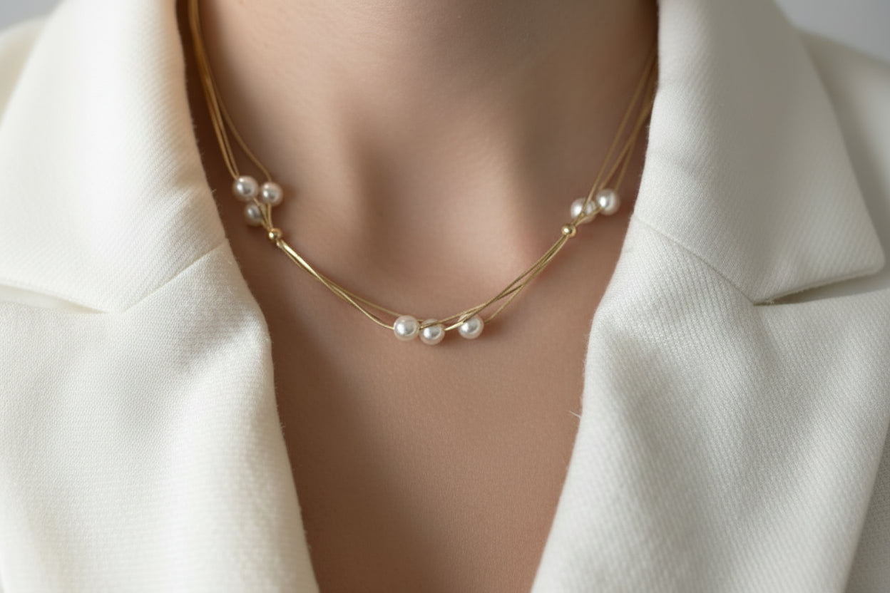 Multi-row pearl necklace made of 925 sterling silver, 18K gold plated