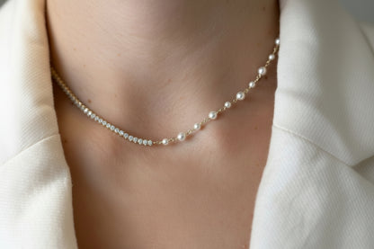 18K Gold Plated Freshwater Pearl & Cubic Zirconia Necklace, Asymmetrical Pearl Necklace, Minimalist Jewelry