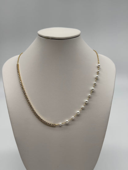 18K Gold Plated Freshwater Pearl & Cubic Zirconia Necklace, Asymmetrical Pearl Necklace, Minimalist Jewelry