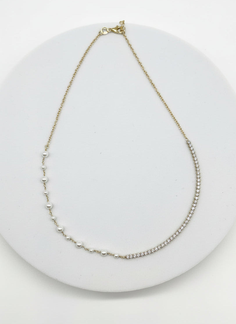 18K Gold Plated Freshwater Pearl & Cubic Zirconia Necklace, Asymmetrical Pearl Necklace, Minimalist Jewelry