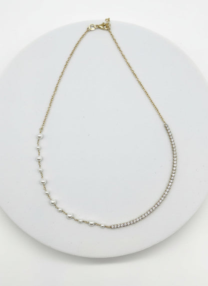 18K Gold Plated Freshwater Pearl & Cubic Zirconia Necklace, Asymmetrical Pearl Necklace, Minimalist Jewelry