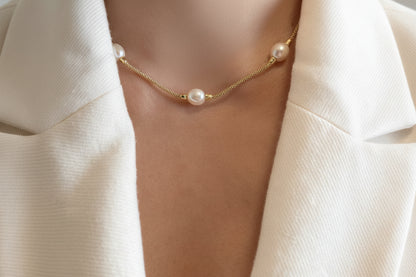 Pearl Necklace, 925 Sterling Silver, 18k Gold Plated, Elegant Jewelry for Weddings and Special Occasions
