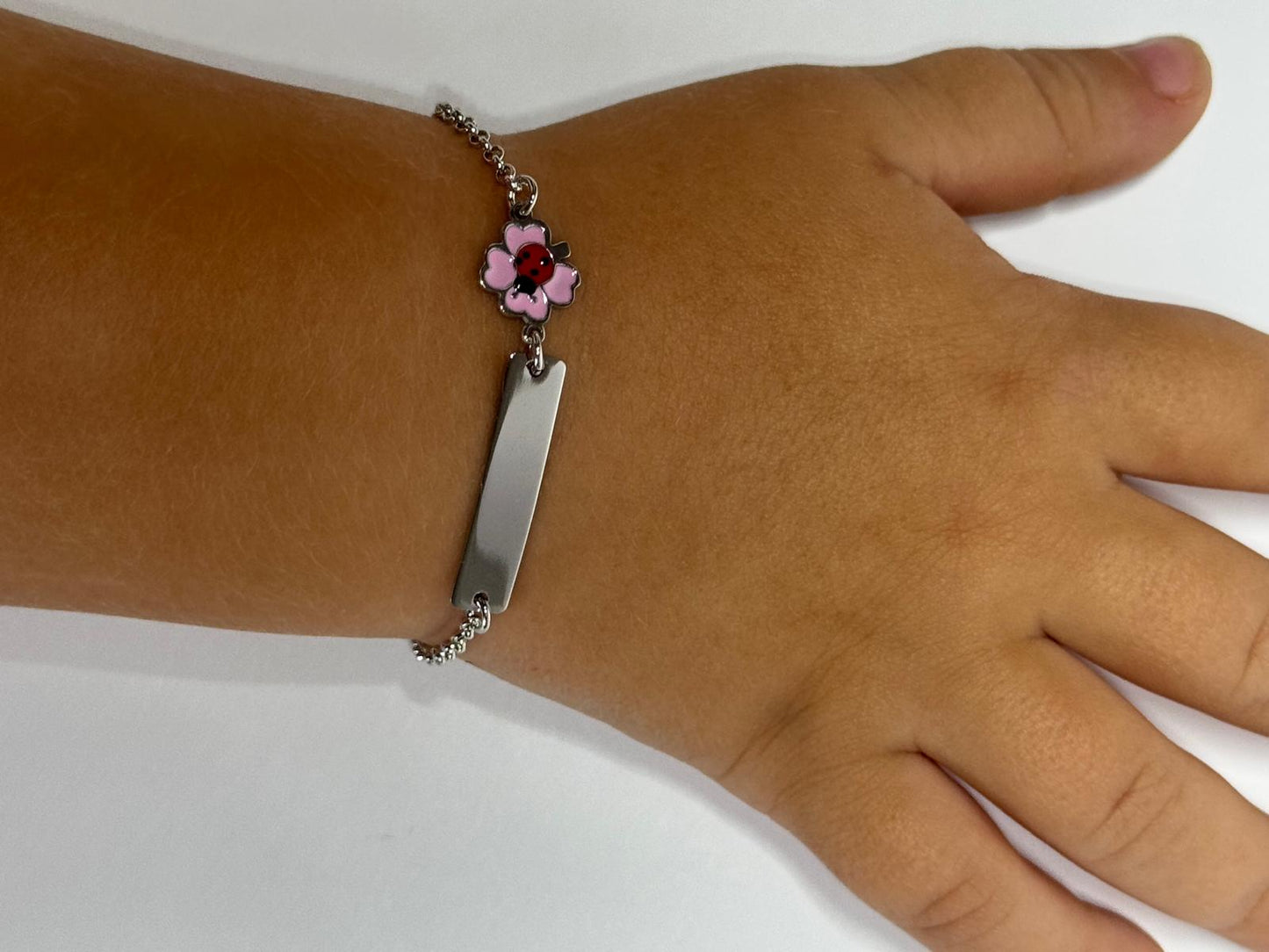 Personalized Children's Bracelet Flower 925 Sterling Silver Rhodium Plated Engraving with Initials Name or Date