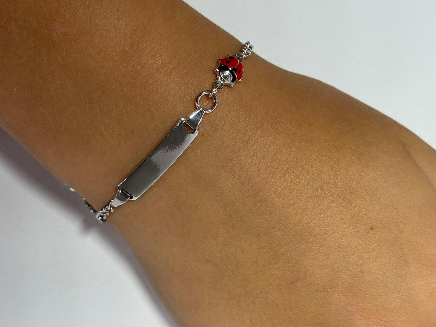 Children's Ladybug Bracelet, 925 Sterling Silver, Rhodium Plated, Personalized with Engraving