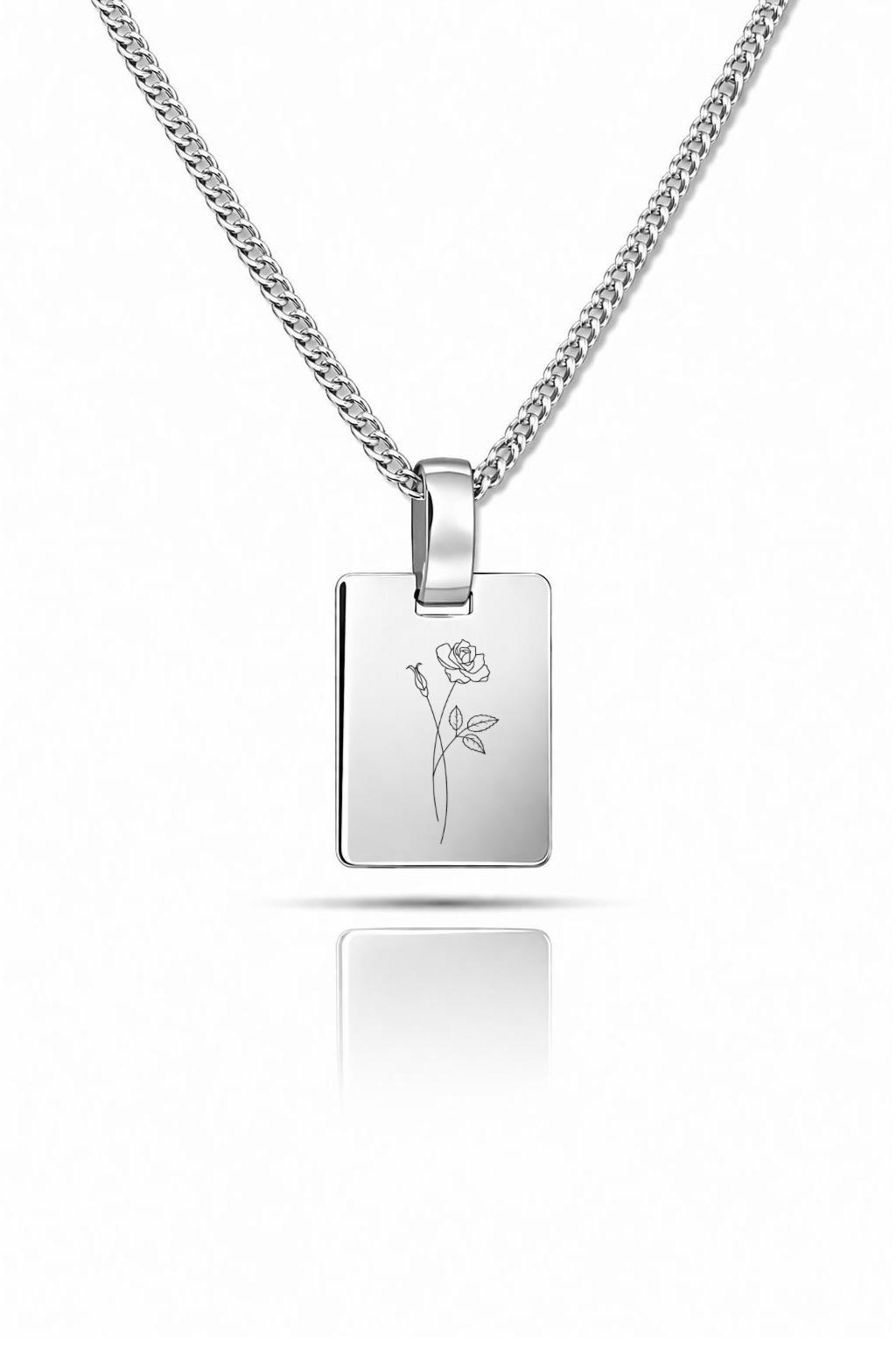Personalized Necklace Rectangle Pendant Birth Flower Engraving 925 Silver Rhodium Plated 16x12 mm