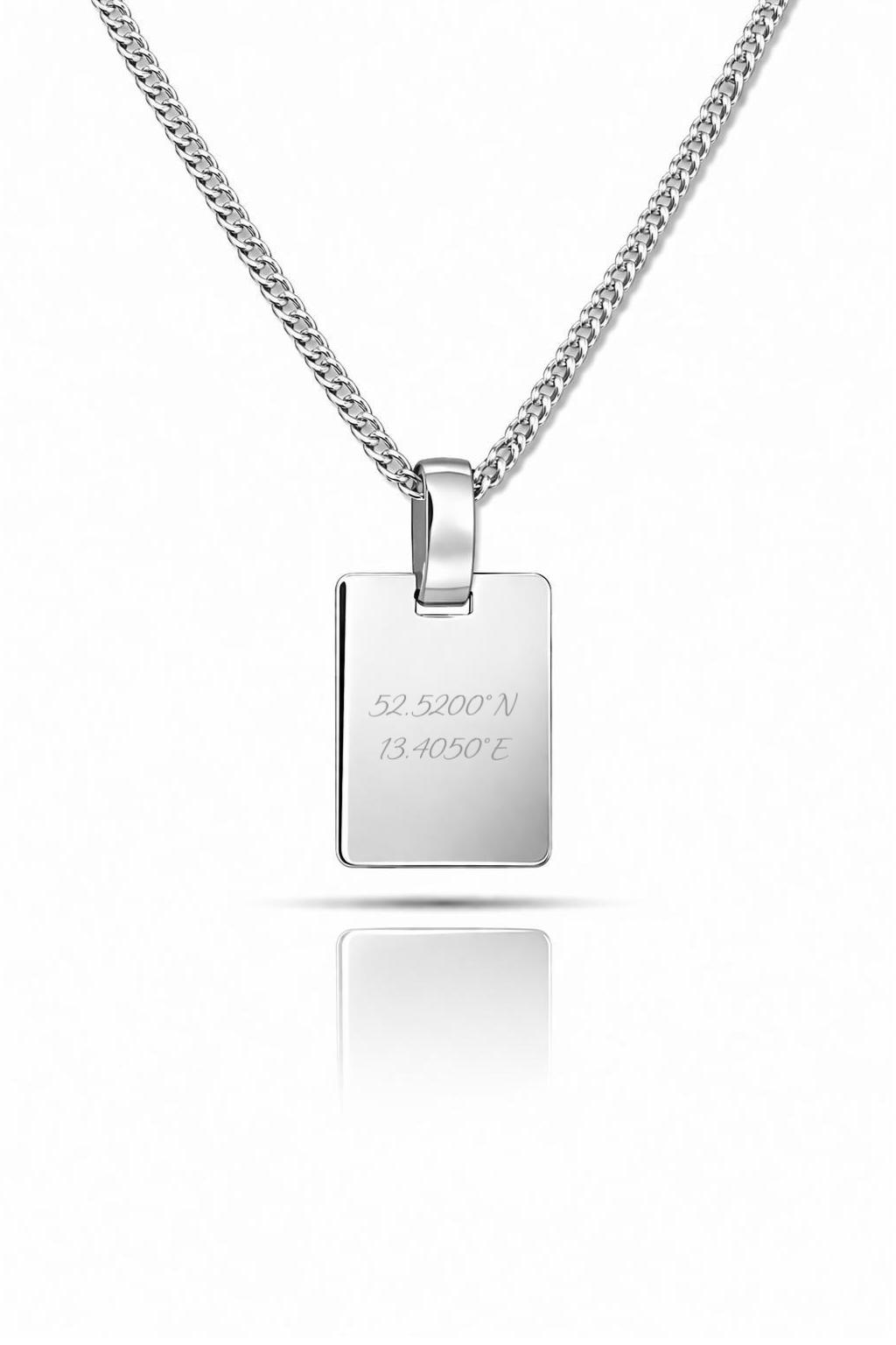 Personalized Necklace Rectangle Pendant Coordinates Engraving 925 Silver Rhodium Plated 16x12 mm
