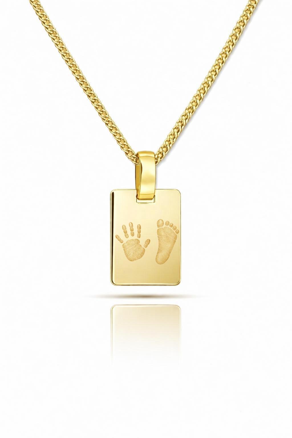Personalized Necklace Rectangle Pendant Handprint or Footprint Engraving 925 Silver 18K Gold Plated 16x12 mm