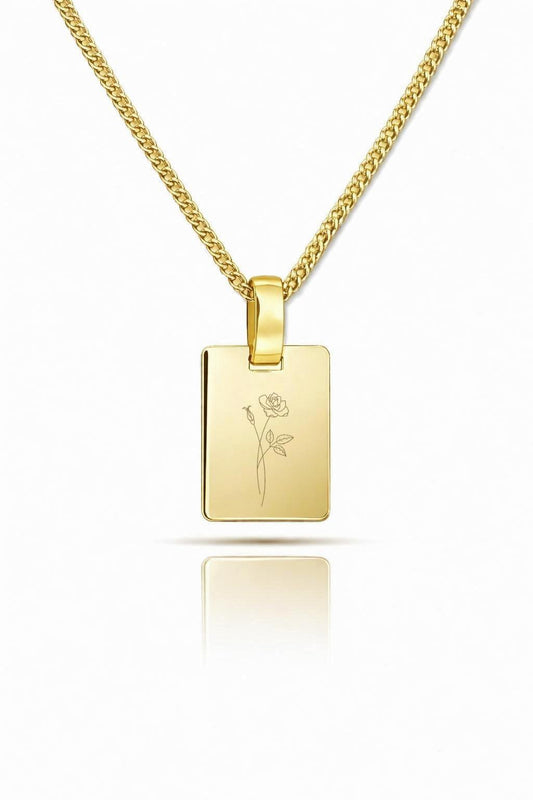 Personalisierte Halskette Rechteck Anhänger Geburtsblume Gravur 925 Silber 18K Vergoldet 16x12 mm