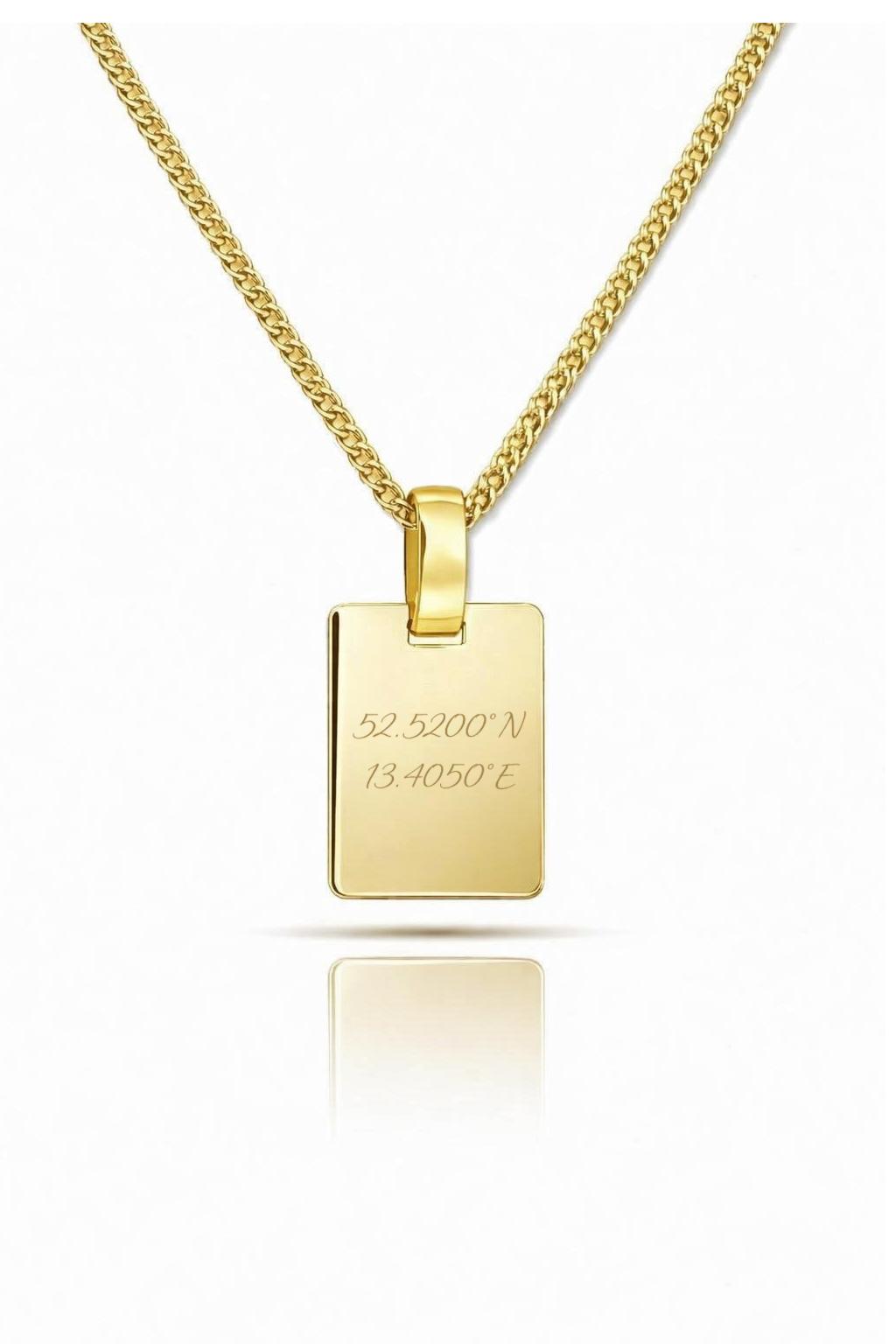 Personalized Necklace Rectangle Pendant Coordinates Engraving Gift 925 Silver 18K Gold Plated 16x12 mm