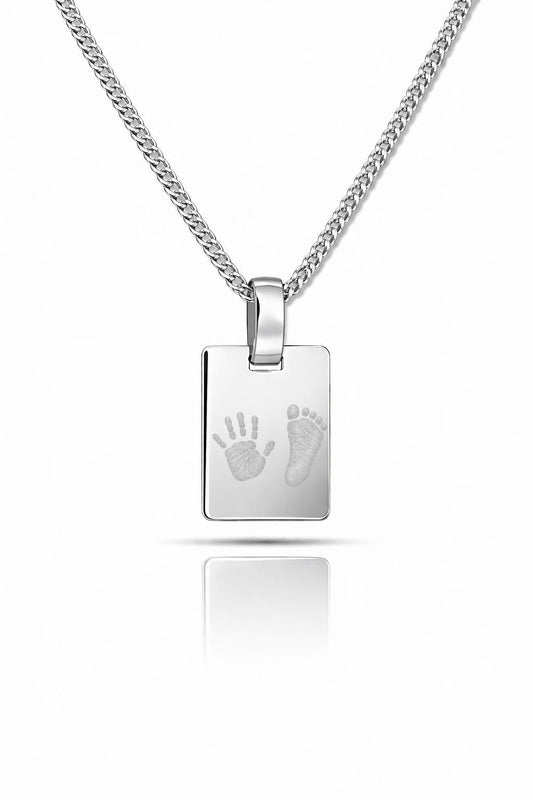 Personalisierte Halskette Rechteck Anhänger Handabdruck oder Fußabdruck Gravur 925 Silber Rhodiniert 16x12 mm