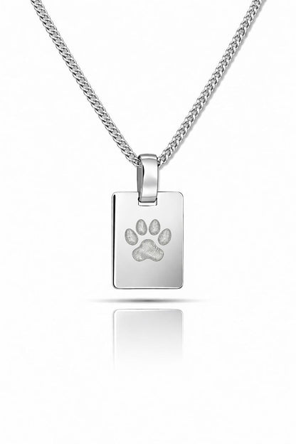 Personalized Necklace Rectangle Pendant Paw Print Nose Print Engraving 925 Silver Rhodium Plated 16x12 mm