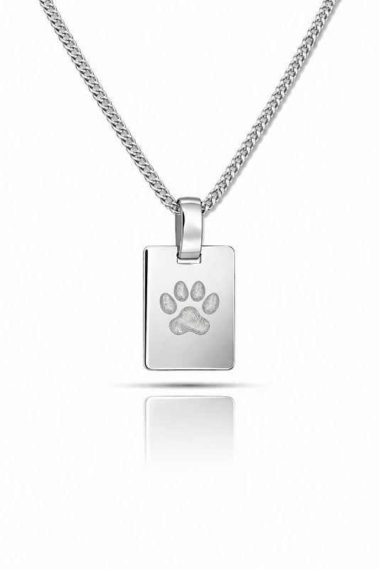 Personalized Necklace Rectangle Pendant Paw Print Nose Print Engraving 925 Sterling Silver Rhodium Plated 16x12 mm