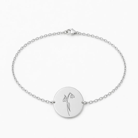 Personalized Round Birth Flower Engraving Bracelet 925 Silver Rhodium Plated 17 mm