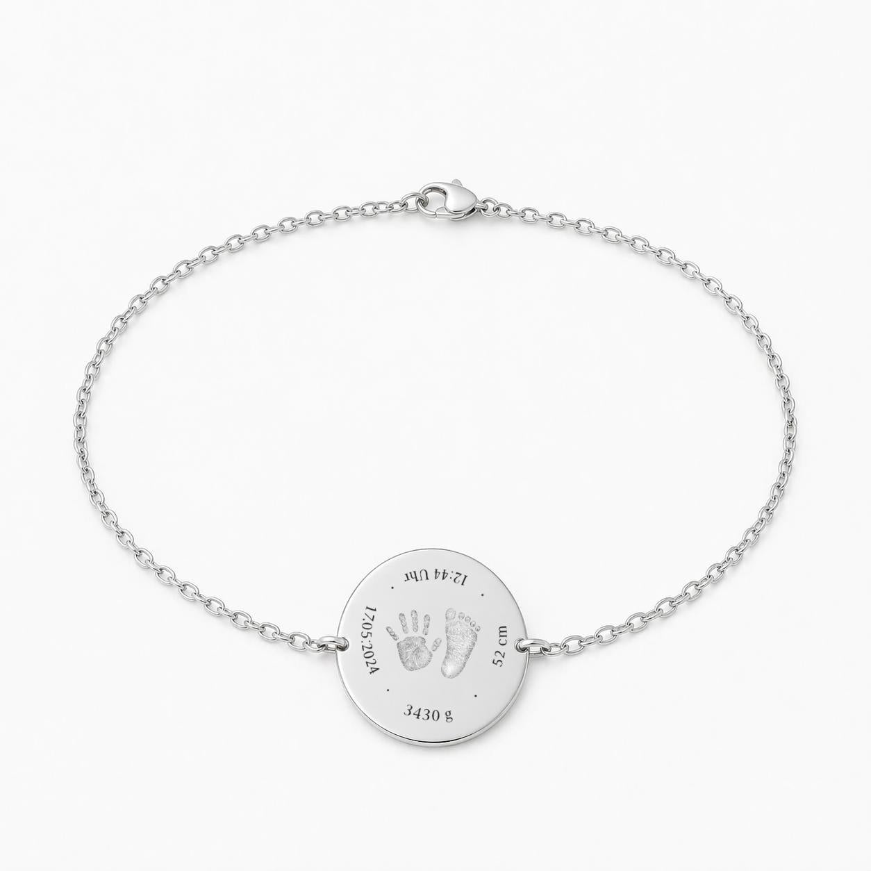 Personalized Round Bracelet Birth Data Engraving 925 Silver Rhodium Plated 17 mm