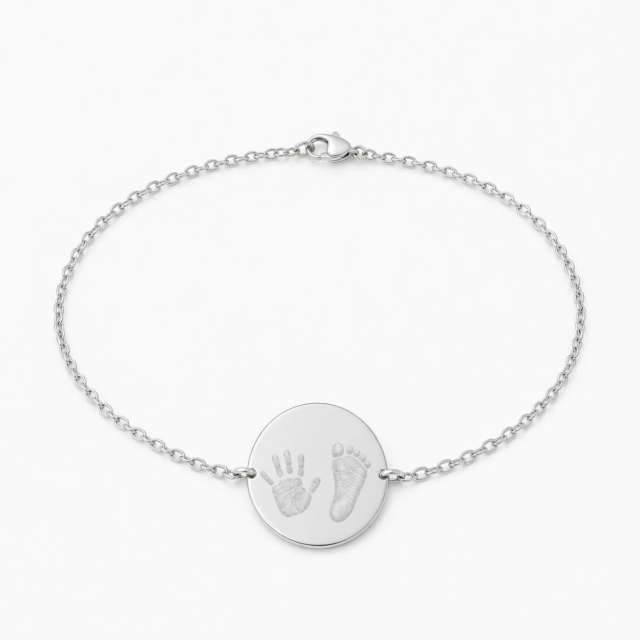 Personalized Bracelet Round Handprint Footprint Engraving 925 Sterling Silver Rhodium Plated 17 mm