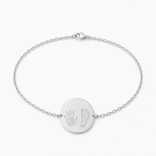 Personalized Round Bracelet Handprint Footprint Engraving 925 Sterling Silver Rhodium Plated 17 mm