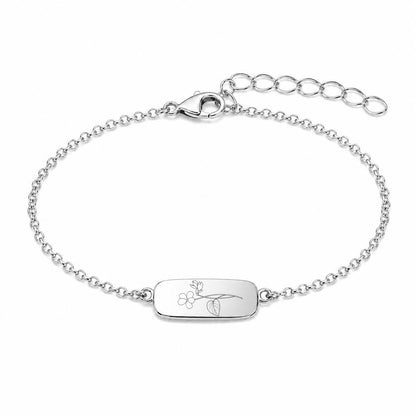 Personalized Rectangular Birthflower Engraving Bracelet 925 Silver Rhodium Plated 13x8 mm Plate