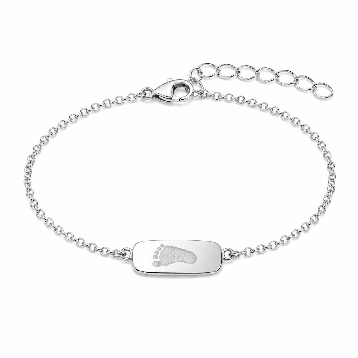 Personalized Bracelet Rectangular Handprint Footprint Engraving 925 Silver Rhodium Plated 13x8 mm Plate