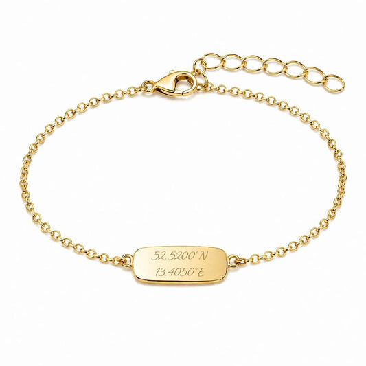 Personalized rectangular coordinates engraving bracelet 925 silver 18K vermeil gold plated 13x8 mm charm