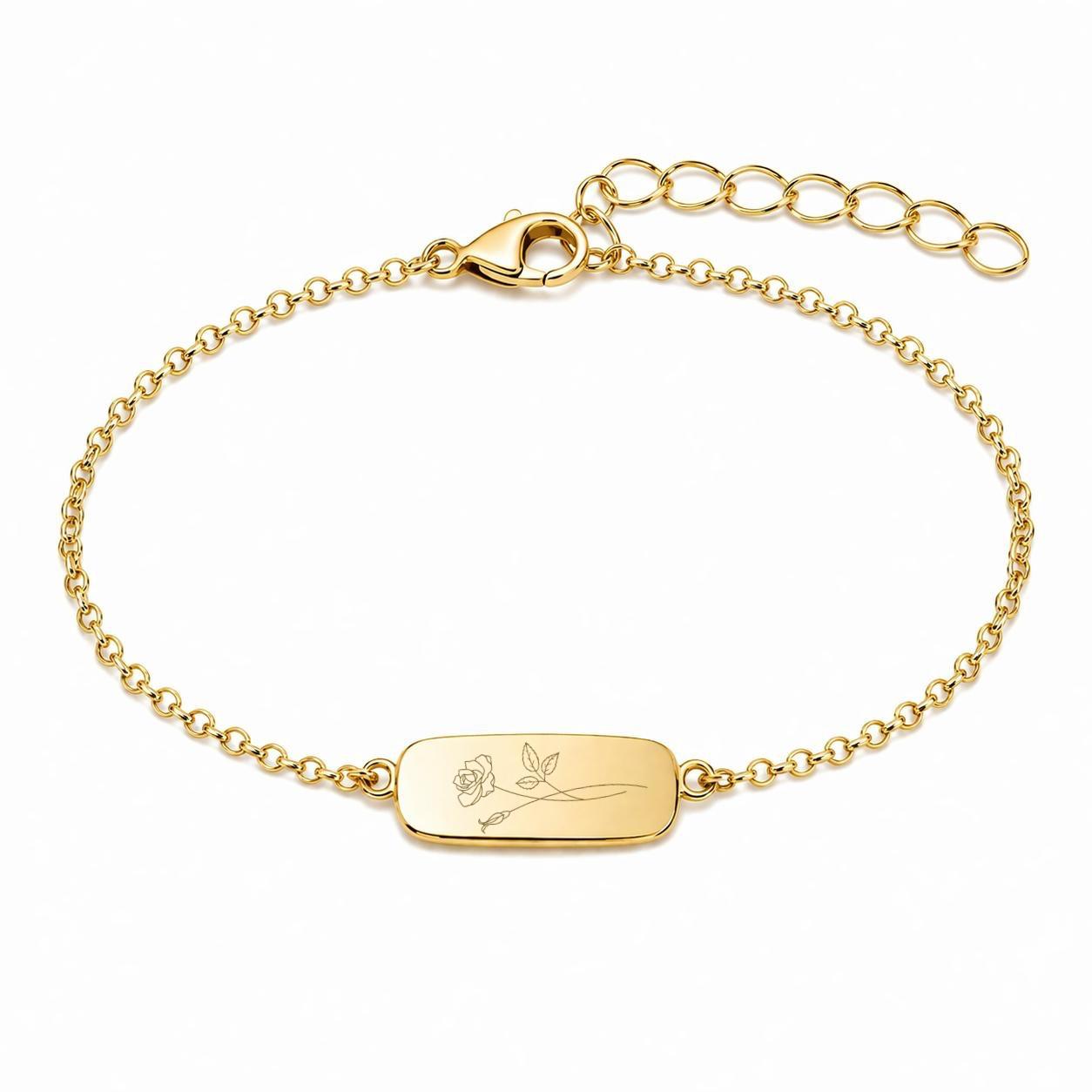 Personalized Rectangle Birth Flower Engraved Bracelet 925 Silver 18K Vermeil Gold Plated 13x8 mm Charm